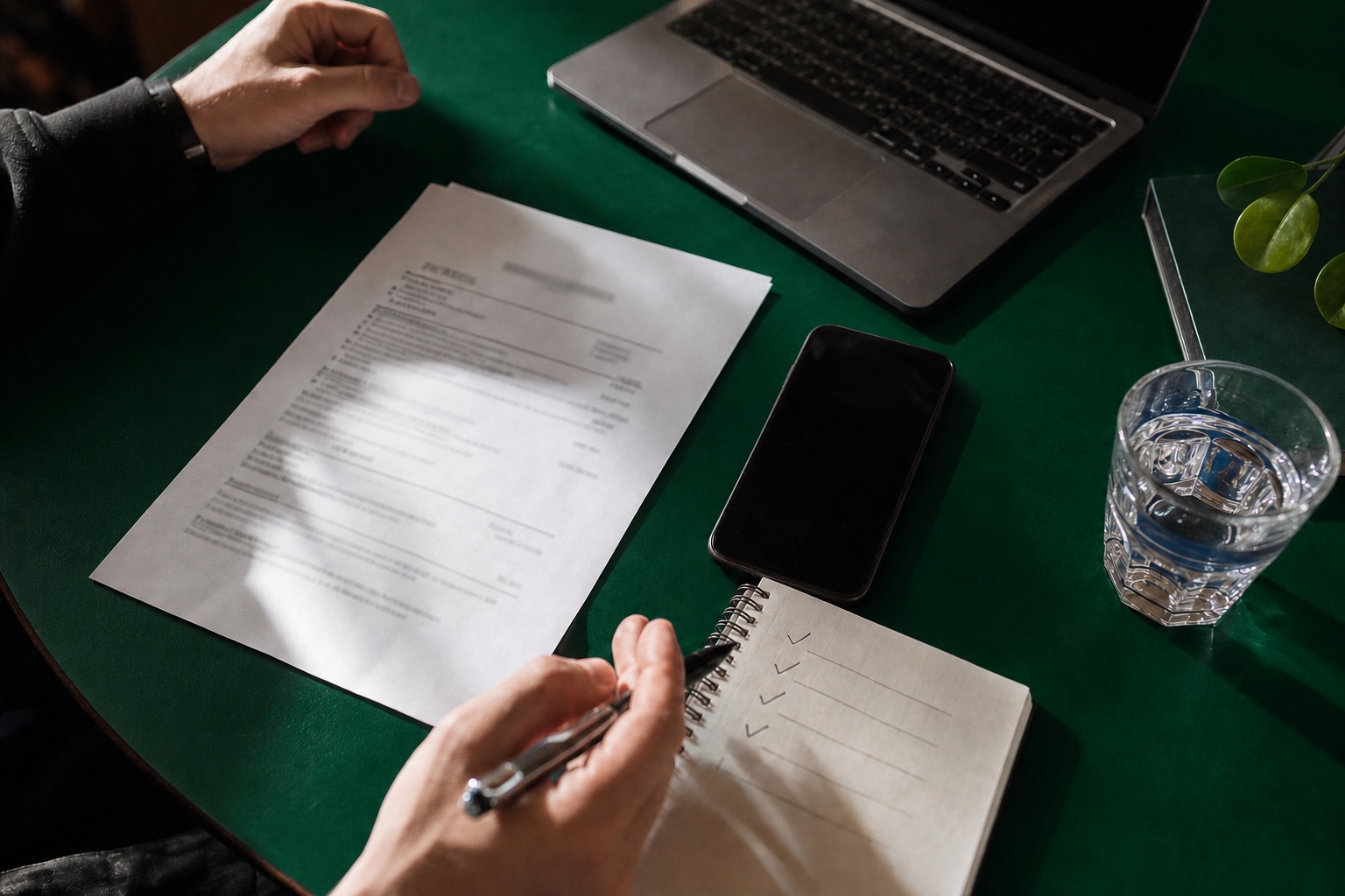 Un CV, un teléfono y una lista de próximos pasos sobre un escritorio